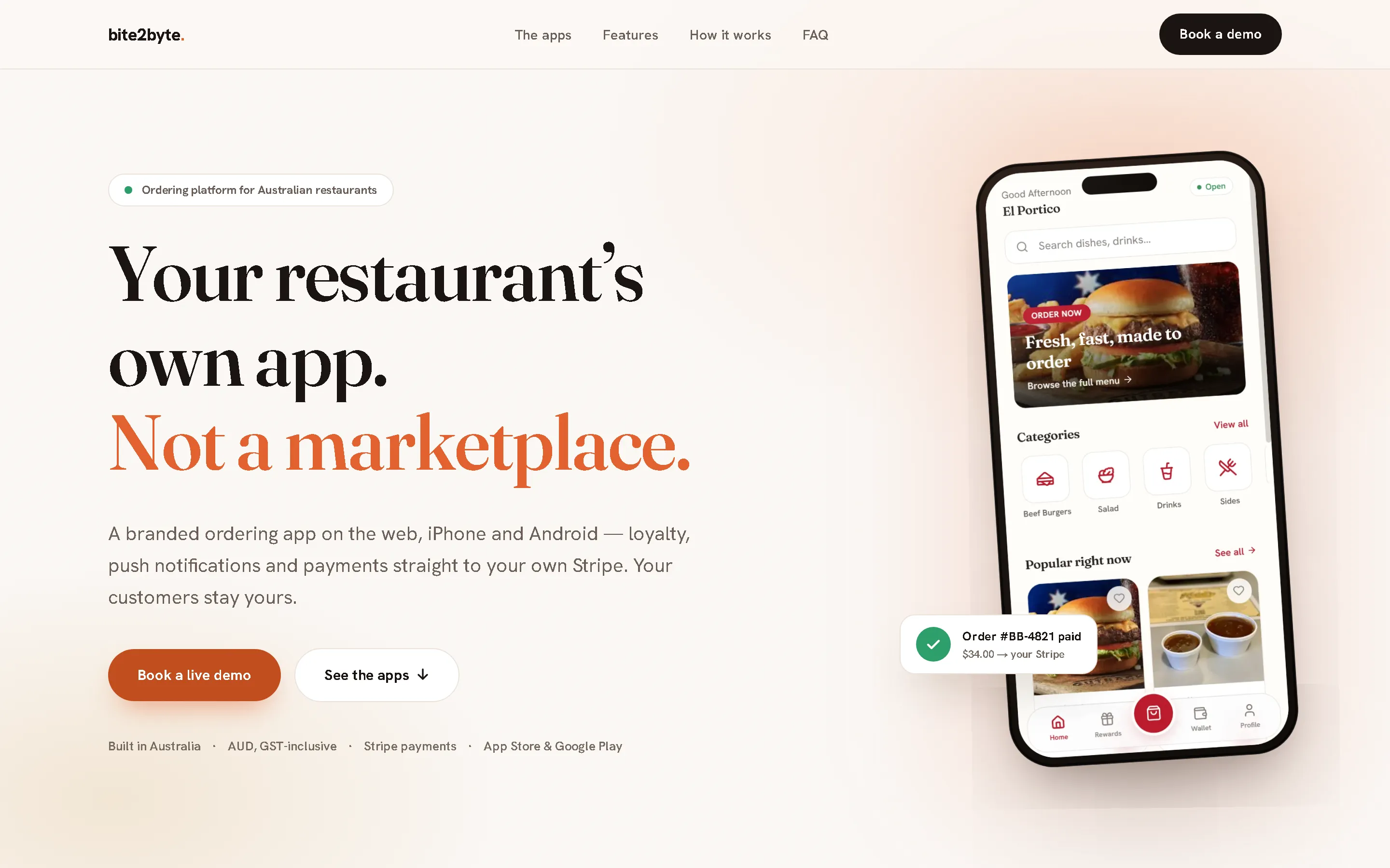 Bite2Byte ordering platform homepage on desktop, showing the hero headline and a phone mockup of the live ordering app