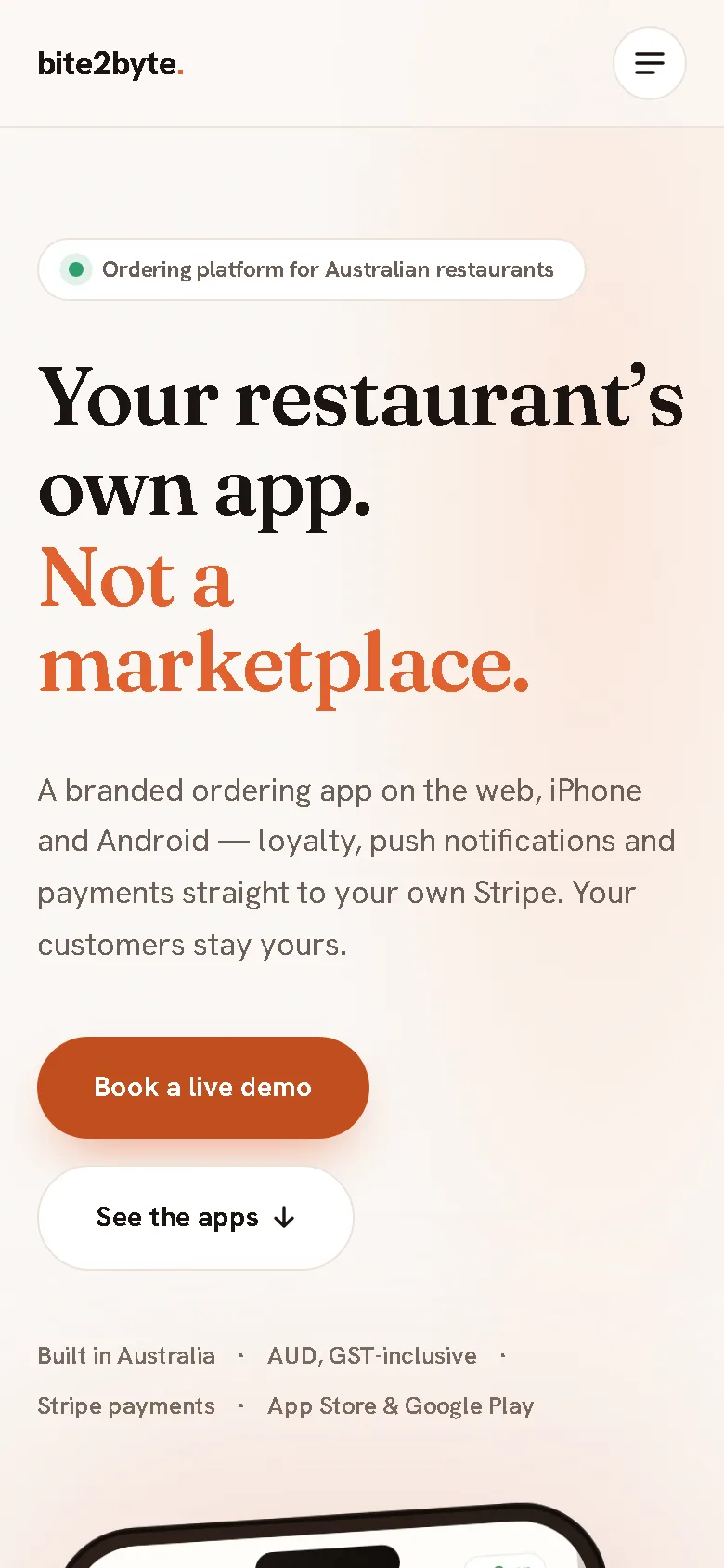 Bite2Byte ordering app on mobile, showing the restaurant storefront, menu categories and popular items