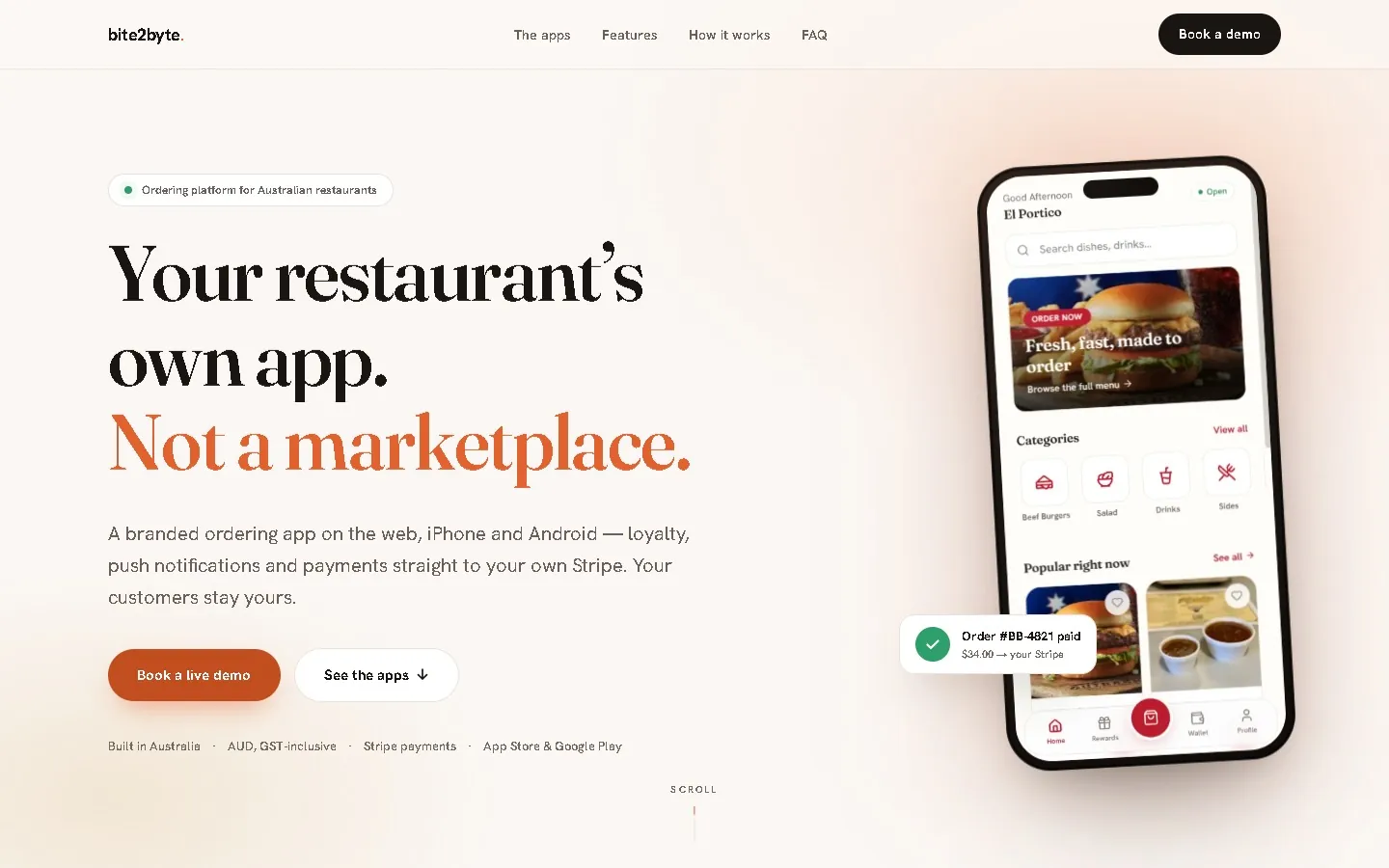 The live Bite2Byte homepage: a branded restaurant ordering platform, headline “Your restaurant’s own app. Not a marketplace.” beside a phone mockup of the ordering app.