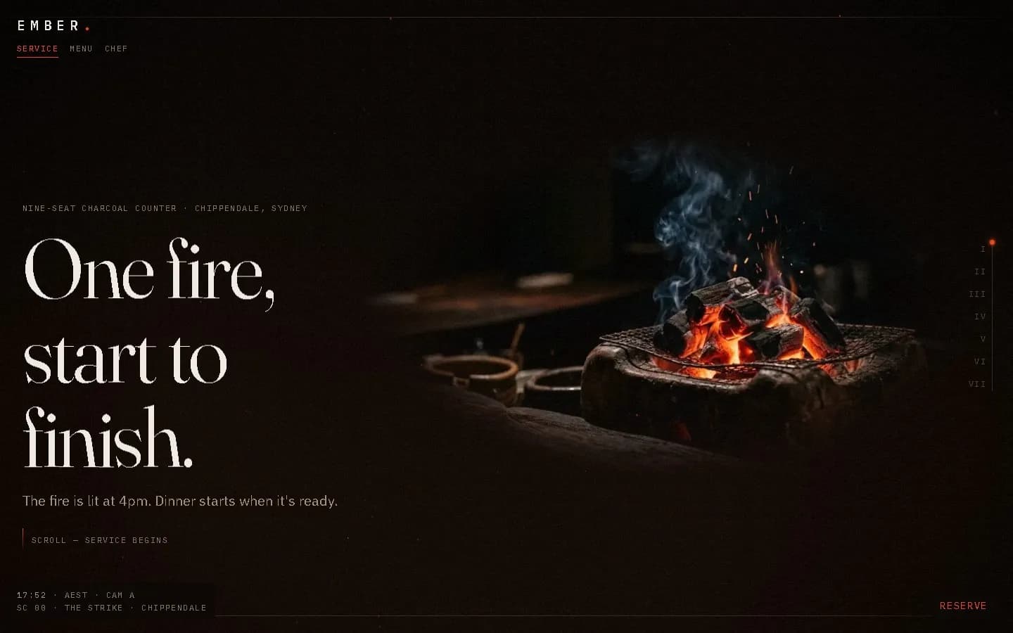 The live EMBER concept site: a charcoal-grill restaurant homepage, serif headline “One fire, start to finish.” over a photograph of a lit grill.