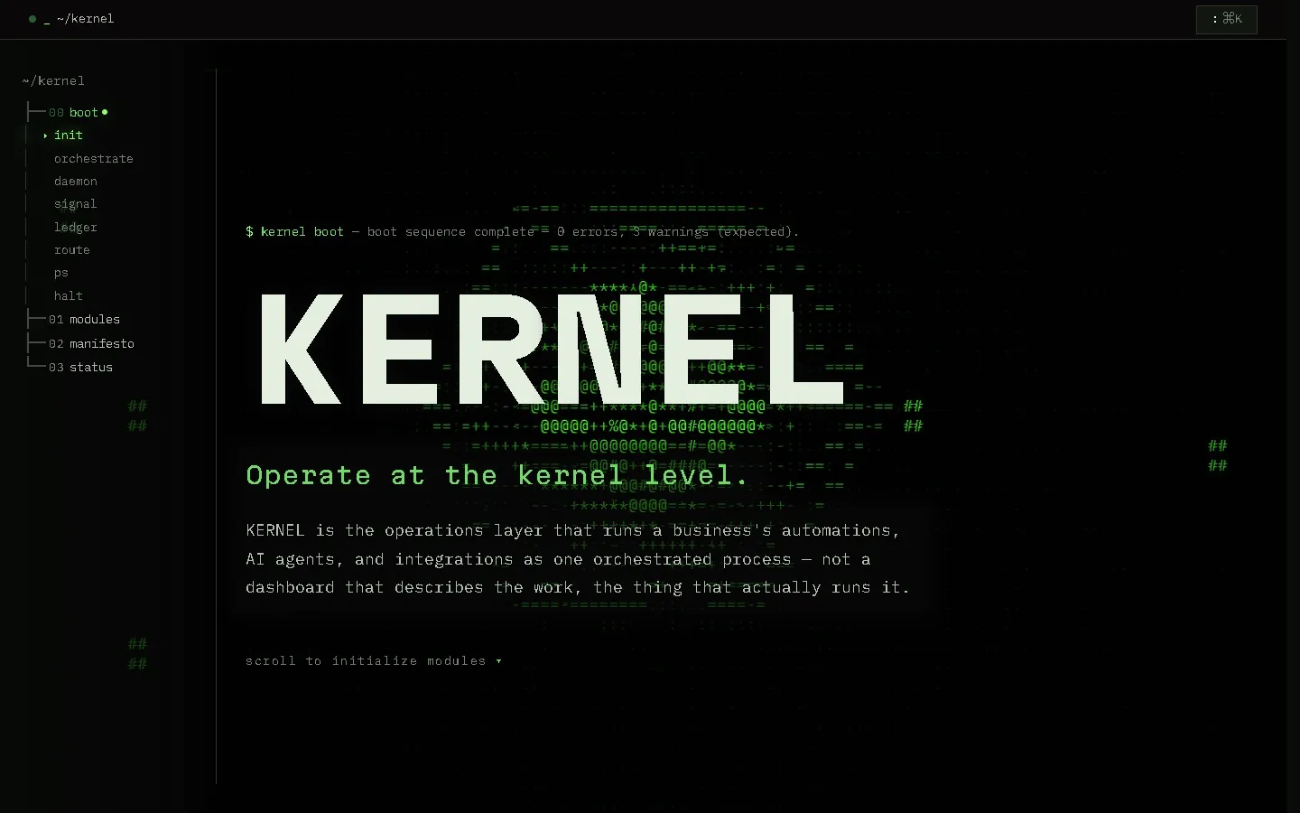 The live KERNEL concept site: a developer-tool homepage booting like a CRT terminal, its wordmark set over a live ASCII engine.