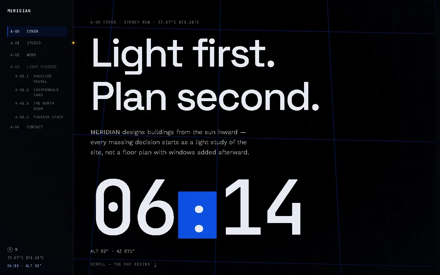 The live MERIDIAN concept site: an architecture-studio homepage running a Three.js solar model behind giant numerals reading real solar altitude, azimuth and time.