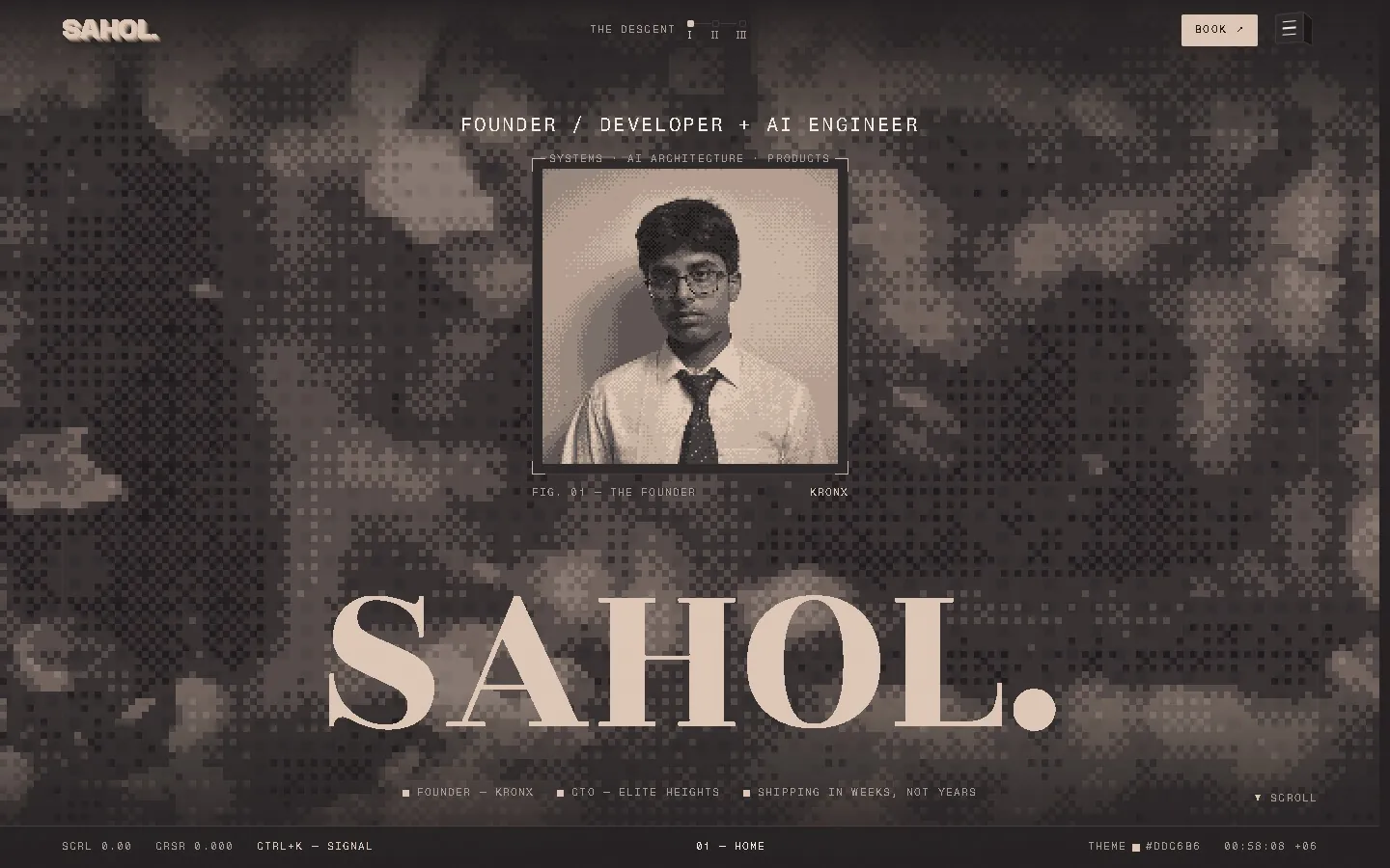 The live portfolio of Sahol, Elite Heights’ lead developer — systems architecture, AI agent orchestration and the infrastructure under the studio’s products.
