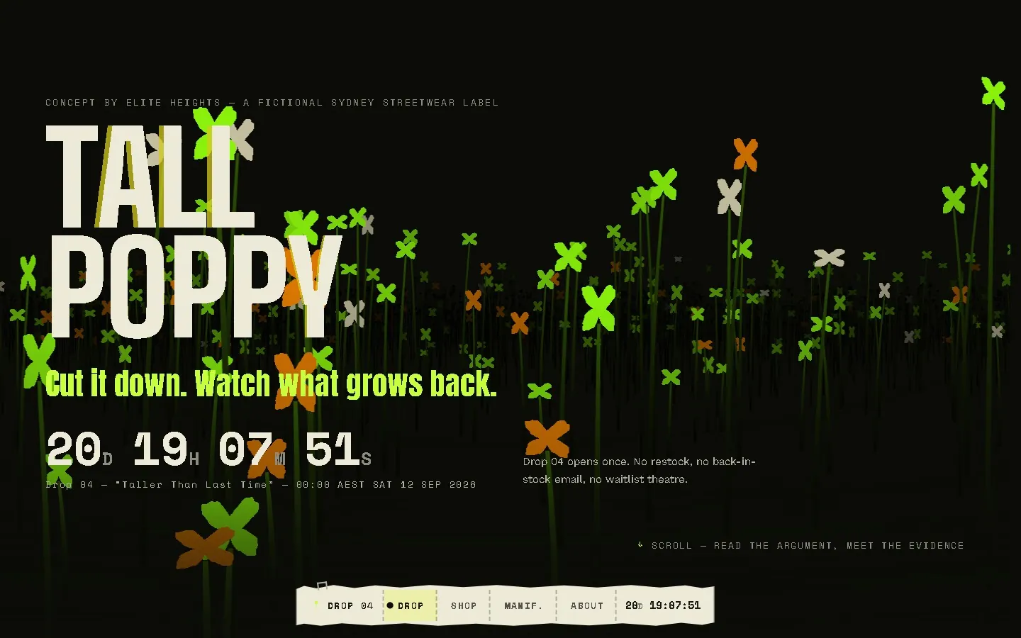 The live TALL POPPY concept site: an Australian streetwear-label homepage, a live drop countdown over a field of animated poppies.
